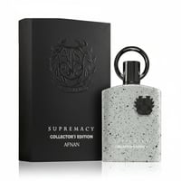Afnan Supremacy Collector’s Edition — Black textured box with embossed crest next to a speckled grey bottle with black cap