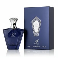 Afnan Turathi Blue by Afnan 90ml EDP for Man — Dark blue glass perfume bottle and matching navy blue box with silver