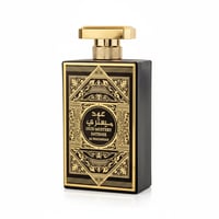 Al Wataniah Oud Mystery Intense — Black perfume bottle with ornate gold detailing and a gold cap, isolated on a white