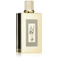 Al Wataniah Kayaan Gold — Rectangular gold bottle with textured gold cap, Arabic calligraphy and geometric pattern on label