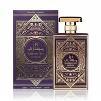 Al Wataniah Rose Mystery Intense — Purple box and bottle with gold ornate geometric patterns and Arabic script.