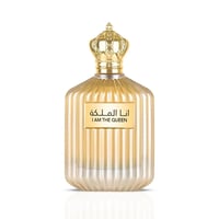 Ard Al Zaafaran I Am The Queen — Gold fluted glass perfume bottle with a golden crown cap, featuring an Arabic and English
