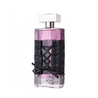 Ard Al Zaafaran Zahoor Francee — Pink perfume bottle with black corset-style lacing and sheer overlay, silver cap