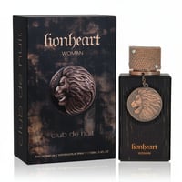 Armaf Club De Nuit Lionheart Woman — Box and bottle with lion emblem, dark textured background, gold accents