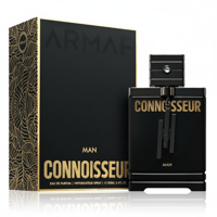 Armaf Connoisseur Man by Armaf 100ml EDP Men — Black perfume bottle and box with gold accents and leaf pattern