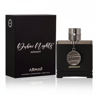 Armaf Dubai Nights Midnight — Black perfume box and bottle with silver accents and a circular charm