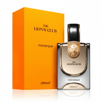 Armaf Monarque by Armaf Lions Club 100ml EDP — Kotak oren terang dan botol wangian berkilat dengan singa emas di hadapan, latar belakang putih.