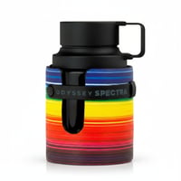 Armaf Odyssey Spectra — Botol wangian lelaki dengan rekaan jalur berwarna-warni seperti pelangi dan penutup hitam, tali hitam bertulis 'ODYSSEY SPECTRA' melilit bahagian tengah botol.