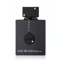 Armaf Club De Nuit Intense Man — Black rectangular bottle with a silver chain and circular black tag with a crystal accent.