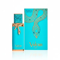 French Avenue Vulcan Feu — Turquoise perfume bottle with gold snake accent and matching turquoise box with gold snake design, white background.