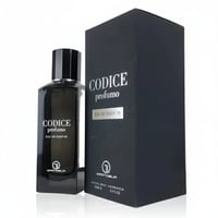 Grandeur Codice Profumo Man by Grandeur Elite – 100 ml for Men, a black perfume bottle and its matching black box, both featuring silver text and the Grandeur logo.