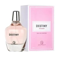 Grandeur Destiny by Grandeur Elite 100 ml EDP Women — Pink box and clear glass perfume bottle with silver cap, showing pink liquid and 'DESTINY WOMEN EAU DE PARFUM' text.