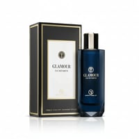Grandeur Glamour Woman by Grandeur Elite 100ml — Blue glass perfume bottle with gold accents next to its black and gold box, isolated on white.