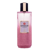 Grandeur Glitz Glam by Grandeur Elite 100 ml for Women — Square pink glitter perfume bottle with a gold and black cap, featuring a purple label with gold text.