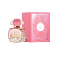 Grandeur Candy Rose by Grandeur – 100 ml for Women, a pink glass perfume bottle with a clear and pink striped cap, next to its pink box with gold foil lettering.