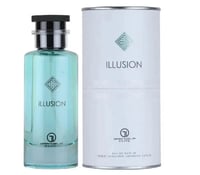Grandeur Illusion by Grandeur 100 ml EDP Men — A clear glass perfume bottle with light blue liquid and a black cap, next to its white cylindrical box with silver trim.