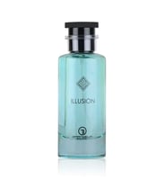 Grandeur Illusion by Grandeur 100 ml EDP Men — A clear turquoise glass perfume bottle with a black cap, featuring a geometric logo and the text "ILLUSION" and "GRANDEUR ELITE" on the front.