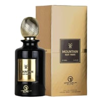 Grandeur Mountain Nuit Paris 100ml EDP Grandeur Elite for Men — Black perfume bottle with a fluted gold cap, placed next to its gold and brown textured box.