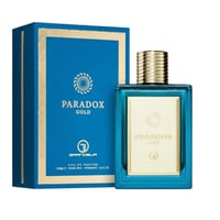 Grandeur Paradox Gold by Grandeur Elite 100 ml Man — Blue box with gold trim and circular emblem next to a teal glass perfume bottle with a gold ribbed cap and gold label.