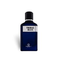Grandeur Tribal Blue Man by Grandeur 100ml EDP Men — Botol minyak wangi biru gelap berbentuk segiempat dengan label perak tertulis "TRIBAL BLUE" dan penutup bertekstur hitam. Logo Grandeur Elite kelihatan di bahagian bawah.