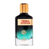 Grandeur Tribal Intense by Grandeur 100ml EDP Men — Botol minyak wangi hitam dan teal gradien dengan penutup emas dan lambang emas di hadapan.
