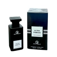 Grandeur Ultra Famous by Grandeur Elite – Black perfume bottle and navy blue box with white label, isolated on white background.