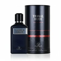 Grandeur Tribal Blue Man by Grandeur 100ml EDP Men — Botol minyak wangi biru gelap dengan label perak tertulis 'TRIBAL BLUE' berdiri di sebelah kotak silinder biru gelap sepadan dengan jalur merah dan teks 'TRIBAL BLUE EAU DE PARFUM'.