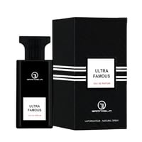 Grandeur Ultra Famous by Grandeur Elite – Black perfume bottle and matching box with white label, featuring the Grandeur logo and text 'ULTRA FAMOUS EAU DE PARFUM'.