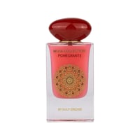 Gulf Orchid Pomegranate Musk 60ml For Her — Clear glass perfume bottle with pink liquid, red oval cap, and ornate gold mandala design on the front.