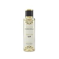 Gulf Orchid Tahara Vanilla Body Mist — Clear glass bottle with gold and black cap, featuring ornate gold floral patterns on the bottle and text 'MUSK COLLECTION TAHARA VANILLA' and 'BODY MIST BY GULF ORCHID'