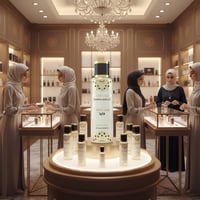 Gulf Orchid Tahara Vanilla Body Mist by Gulf Orchid 250ml Woman — Women in hijabs browsing perfume in a luxurious boutique, with a display of body mist bottles on a circular stand.