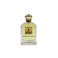 Khadlaj Hareem Al Sultan Gold 75ml Khadlaj — Clear glass perfume bottle with gold cap and red gem accent, featuring a gold label with Arabic and English text.