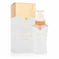 Khadlaj Stellar Musk by Khadlaj 100ml EDP — White perfume bottle with gold accents and a matching white and gold box, presented on a white background.