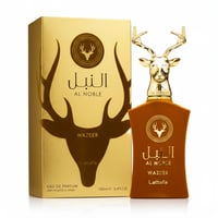Lattafa Al Noble Wazeer — Gold box with deer antlers and bottle with gold deer head cap