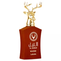 Lattafa Al Noble Wazeer — Red bottle with gold deer head cap, featuring Arabic script and a deer emblem.