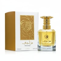 Lattafa Mazaaji by Lattafa 100ml EDP for Women — Gold-accented white box and clear glass perfume bottle with gold cap, featuring a rose motif.