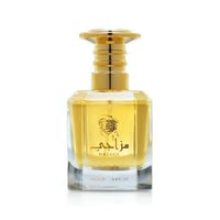 Lattafa Mazaaji by Lattafa 100ml EDP for Women — Clear glass perfume bottle with gold cap and rose emblem, showing golden liquid inside, isolated on white background.