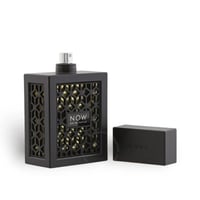 Rave Now by Rave Perfume Lattafa 100ml For Man — Black geometric patterned bottle with gold accents, silver cap, and a separate black cap with 'RAVE' embossed.