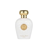 Lattafa Opulent Musk by Lattafa 100ml EDP Unisex — White perfume bottle with ornate gold cap and embossed sun-like emblem on the front, text 'Opulent Musk Lattafa' below.
