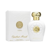 Lattafa Opulent Musk — White perfume bottle with gold cap and ornate gold emblem, next to a matching white box with embossed pattern and gold emblem.