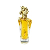 Lattafa Maahir by Lattafa 100ml EDP for Men — Clear glass perfume bottle with golden horse head cap, yellow liquid inside, and Arabic script on the bottle.