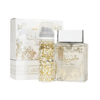 Lattafa Pure Musk by Lattafa (Khalis Musk) 100ml EDP — A gift set featuring a clear glass perfume bottle with gold Arabic script and ornate gold patterns, a matching smaller spray bottle, and a white gift box with gold accents, all on a white background.