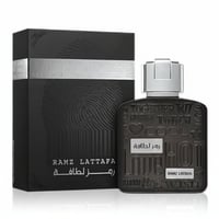 Lattafa Ramz Silver by Lattafa 100ml EDP for Men — Black textured box with fingerprint design next to a silver-capped black perfume bottle with embossed text.