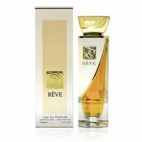 Lattafa Reve Rose VURV By Lattafa 100ml EDP — A white box with a gold rose emblem stands next to a clear glass perfume bottle with gold accents and a golden liquid inside, against a white background.