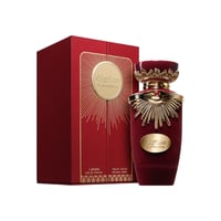 Lattafa Sakeena by Lattafa 100ml EDP Women — Red velvet perfume bottle with gold accents and sunburst design, next to a matching red gift box.