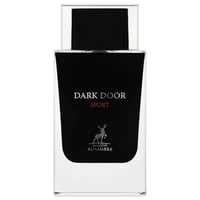 Maison Alhambra Dark Door Sport Men 100ml EDP — A clear glass bottle with a black label featuring 'DARK DOOR SPORT' in white and red text, and a deer logo above 'MAISON ALHAMBRA'. The cap is black and clear.