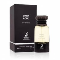 Maison Alhambra Dark Aoud 80ml EDP — Black box and dark glass perfume bottle with brown textured cap, featuring deer logo and text.