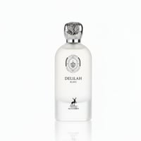 Maison Alhambra Delilah Blanc by Maison Alhambra 100ml EDP — White frosted glass bottle with a silver patterned cap, featuring a shield logo and a deer silhouette.