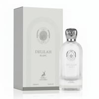 Maison Alhambra Delilah Blanc — White perfume box and frosted glass bottle with silver cap, featuring embossed crest and deer logo.