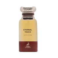 Maison Alhambra Eternal Touch by Maison Alhambra 80ml EDP — A clear glass perfume bottle with a golden ribbed cap and a maroon base featuring a deer silhouette and brand name.